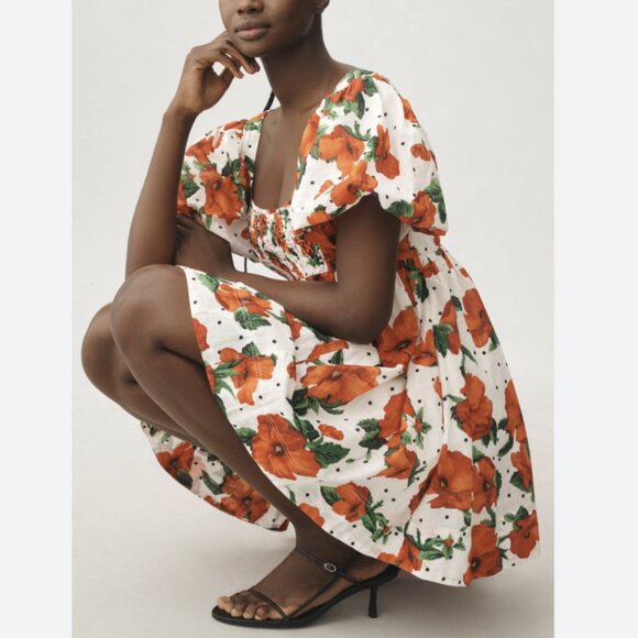 Anthropologie Maeve Square-Neck Smocked Babydoll Mini Dress Floral Cotton Small - Picture 2 of 14